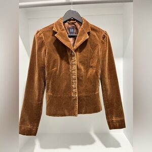 Gap Vintage Velour Tailored Look Full Button Blazer Brown Peplum back size 8 Y2K
